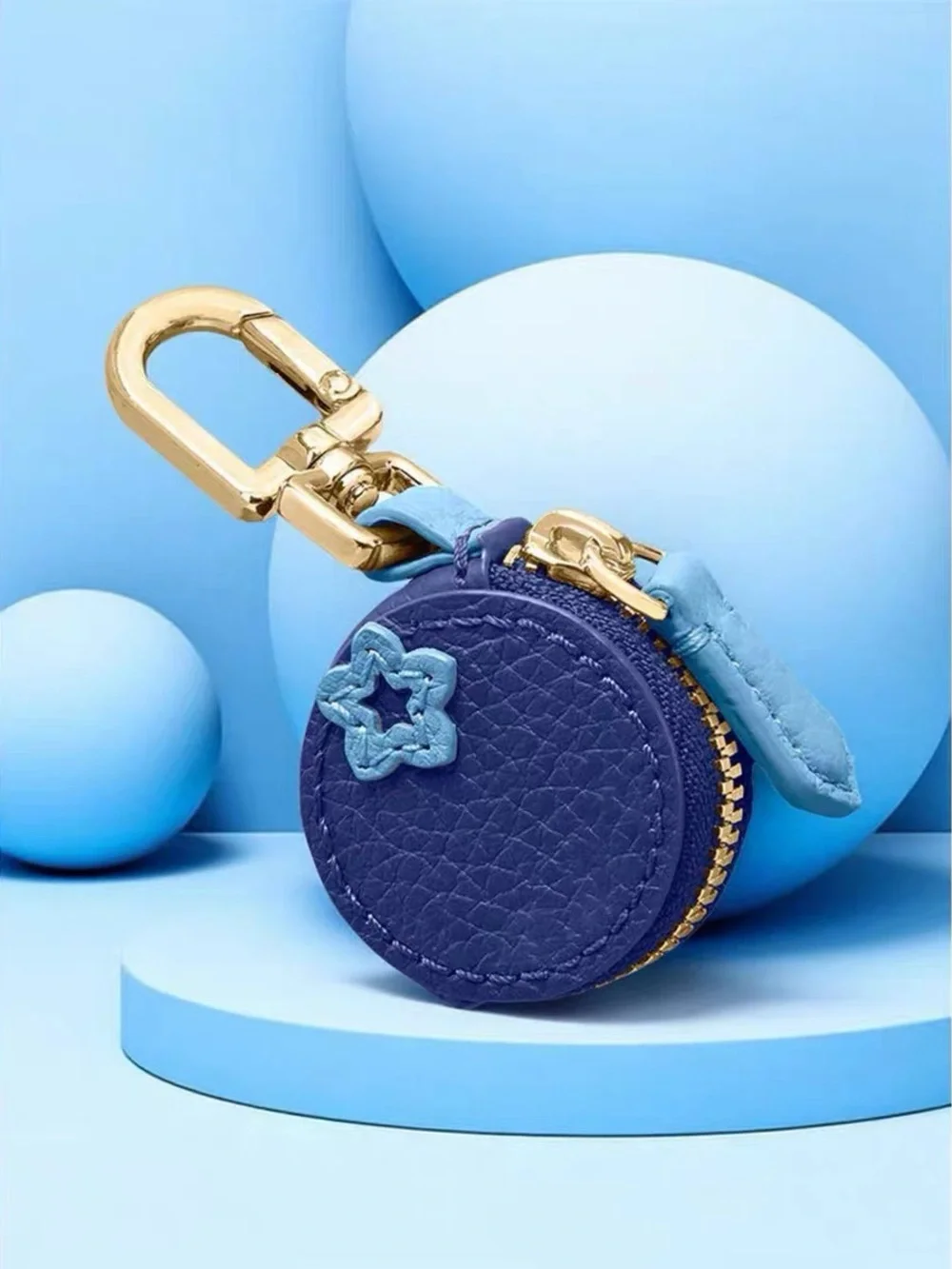 Textured Navy blueberry Keychain Pouch with Gold Hardware